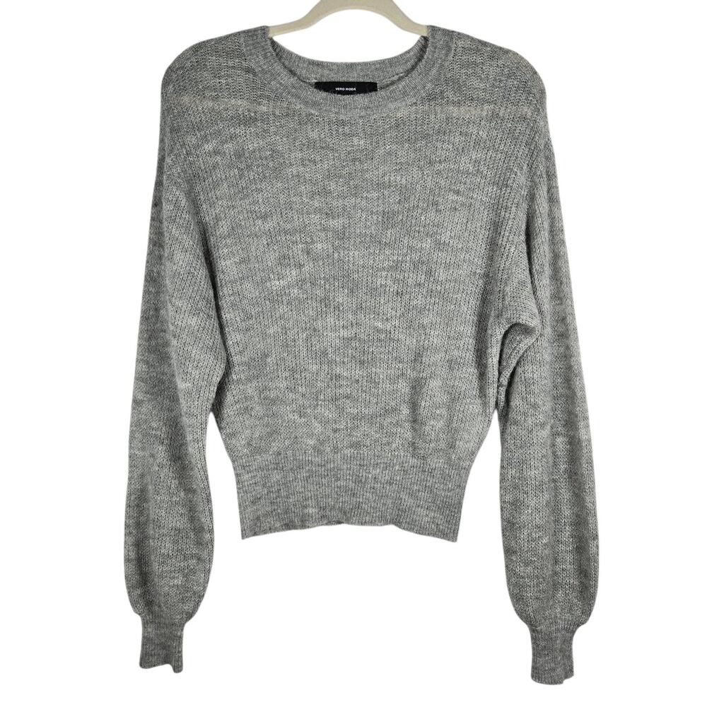 Vero Moda Vilma Sweater Womens XS Gray O-Neck Alpaca Wool Blend Soft Puff Sleeve